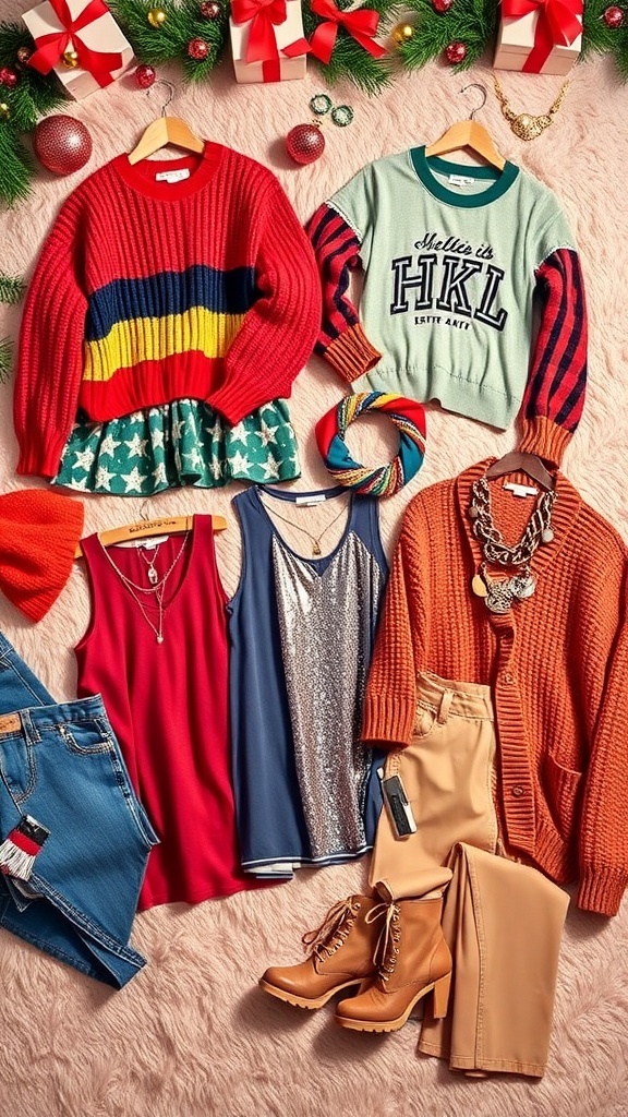 A vibrant display of YK2 aesthetic Christmas outfits with festive accessories.